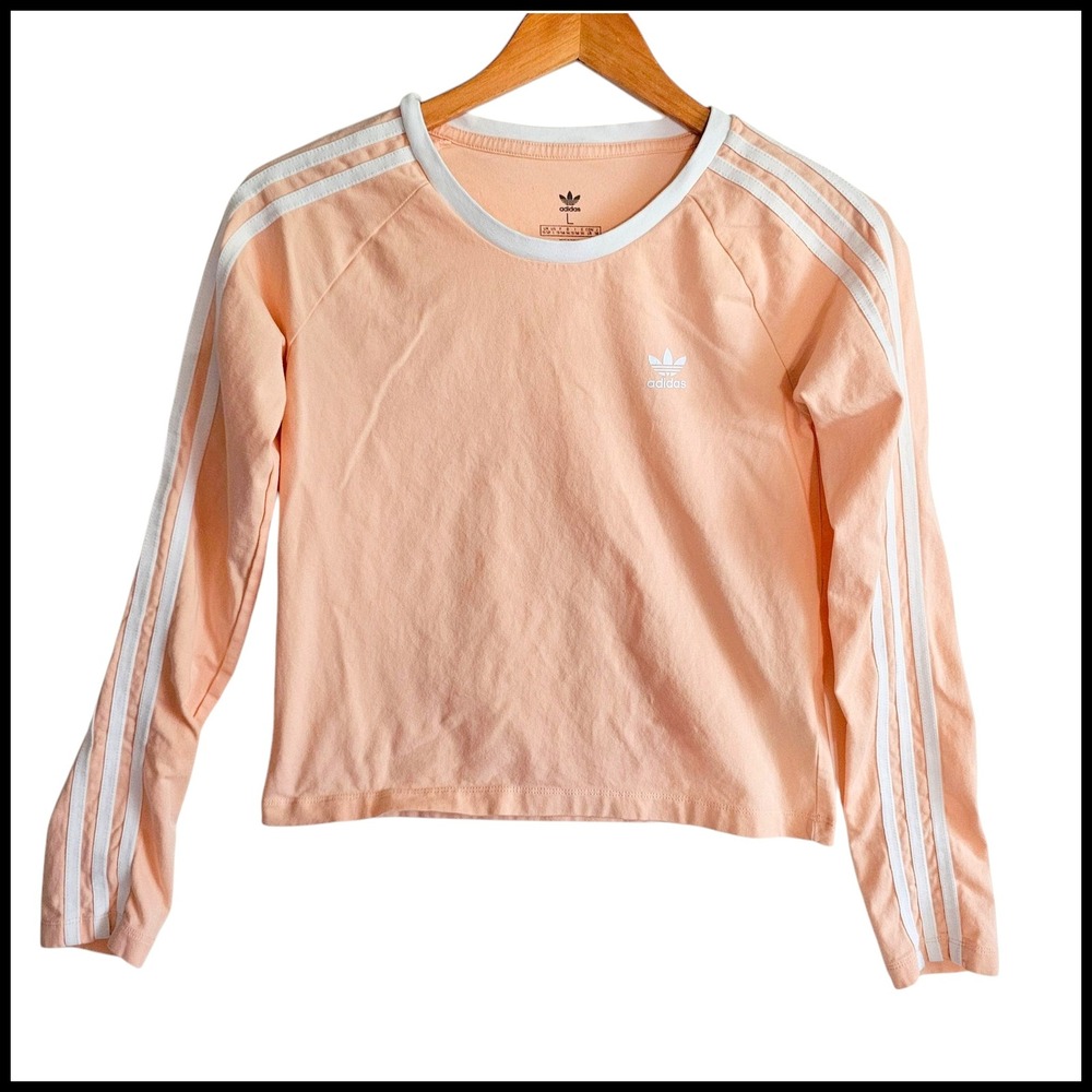 Adidas Long‎ Sleeve Top Peach 3-Stripe Athletic Tee Kids Size L